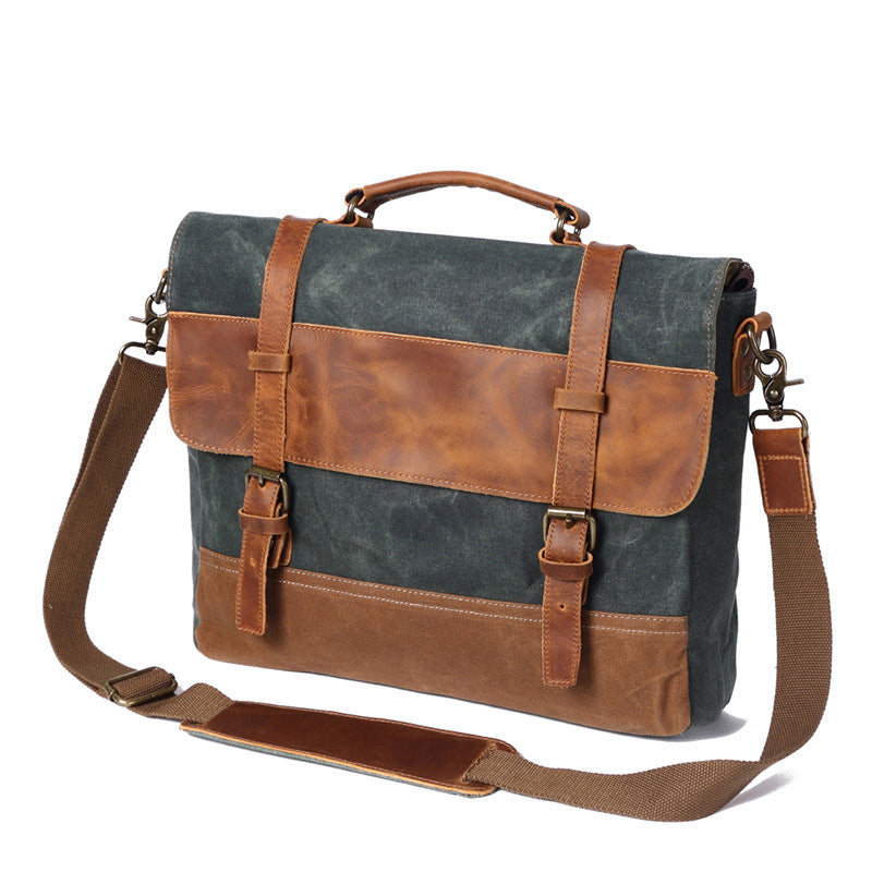 Saxon Waterproof Vintage Waxed Canvas Genuine Leather Laptop Bag 15 inch - trendyful