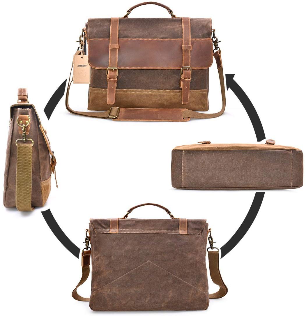 Saxon Waterproof Vintage Waxed Canvas Genuine Leather Laptop Bag 15 inch - trendyful