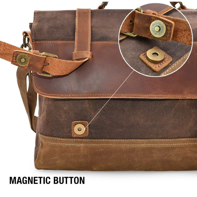 Saxon Waterproof Vintage Waxed Canvas Genuine Leather Laptop Bag 15 inch - trendyful